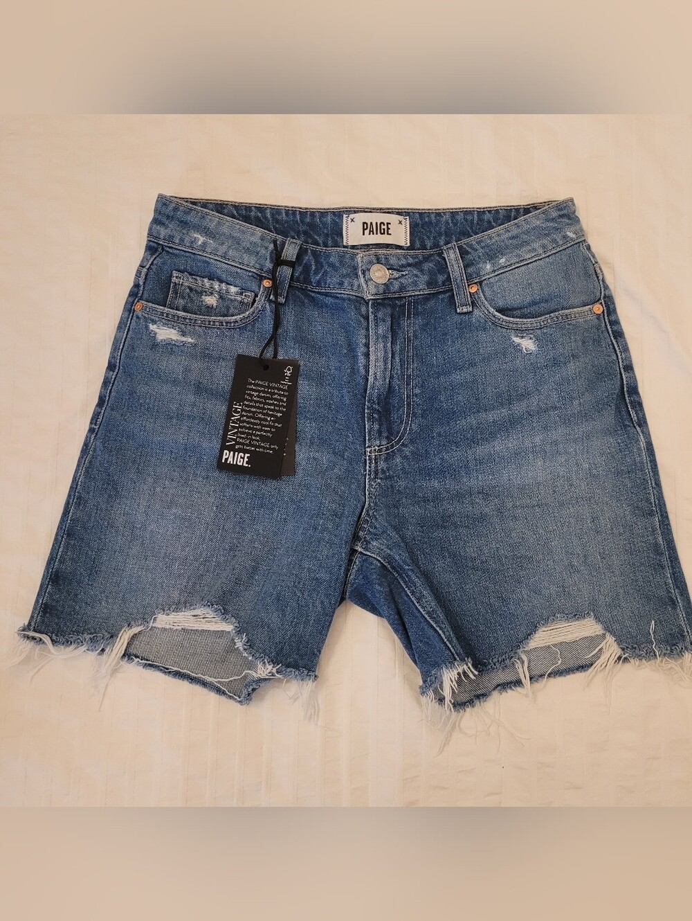 Paige Sarah Longline High Rise Vintage Cut Off Denim Jean Shorts NWT Size 25